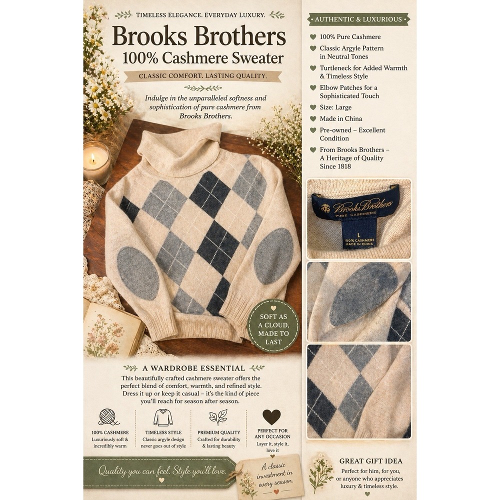 Brooks Brothers 100% Cashmere Argyle TurtleNeck Sweater Grey Women's Lg Tan